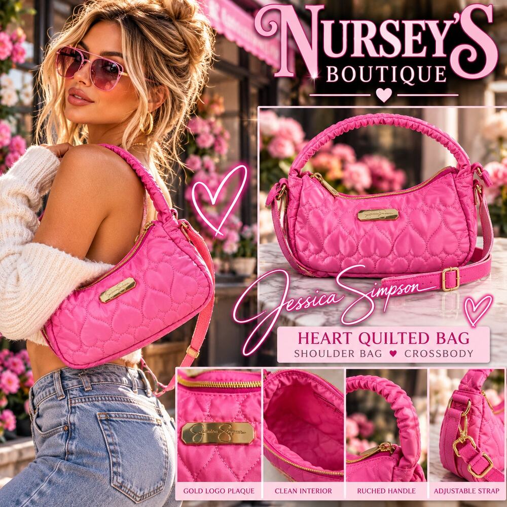 Jessica Simpson Pink Heart Quilted Mini Baguette Shoulder Crossbody Bag